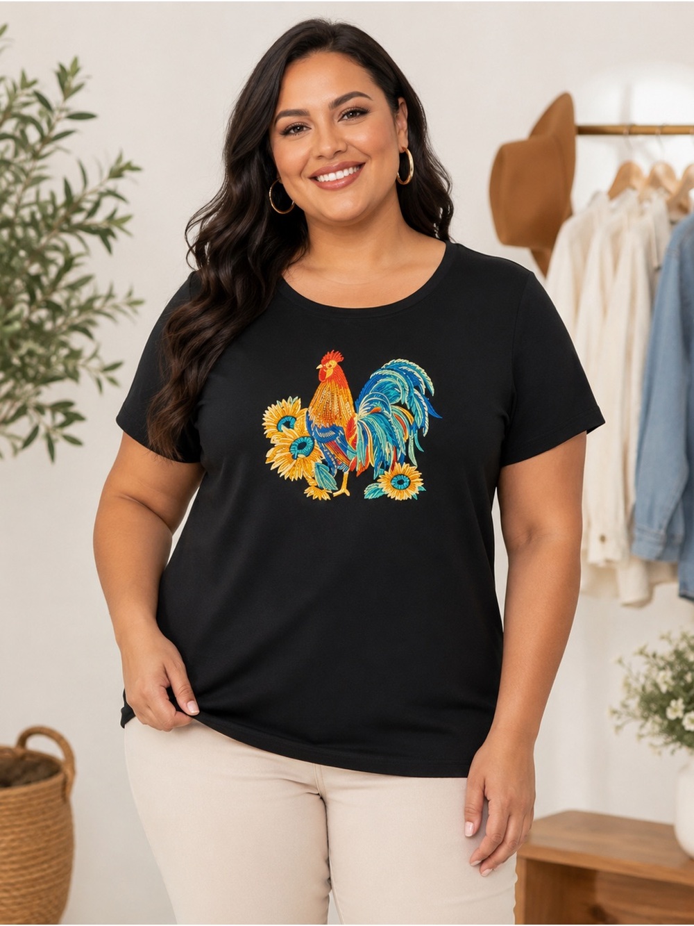 C&K Designs Plus Size 2X Black Rooster Sunflower Graphic T-Shirt